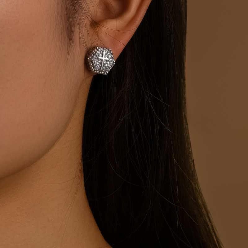 Minimal Sacred Hexagon Cross Stud Earrings: Sign Of Soft Timeless Sacred Solace