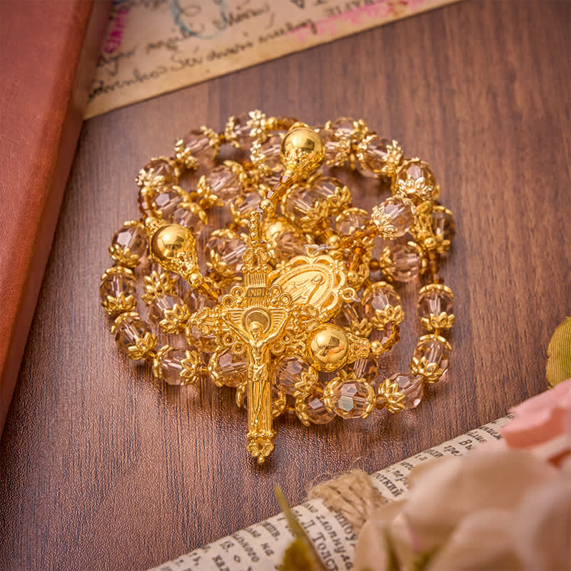 Amber Taupe Faceted Our Lady Rosary With Carved Crucifix: Keepsake for Sacred Milestone Ceremonies