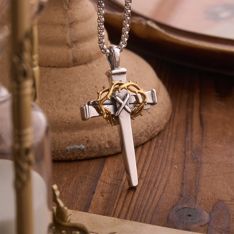 Textured Crown of Thorns Cross Necklace: Sign of Heavenly Blessings
