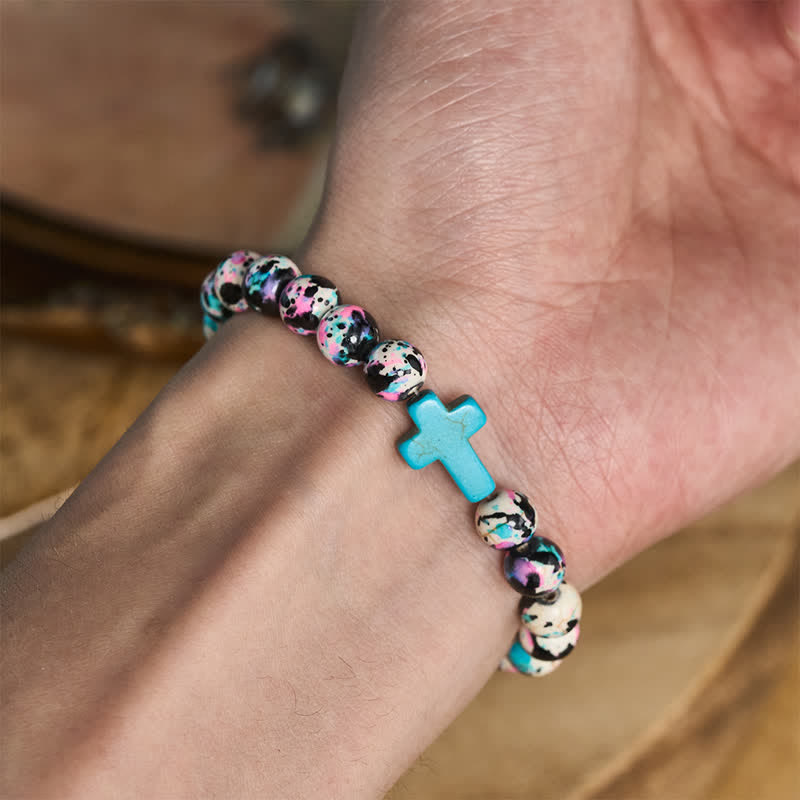 Inspirational Psalm 46:5 Cross Bracelet with Colorful Crackle Beads