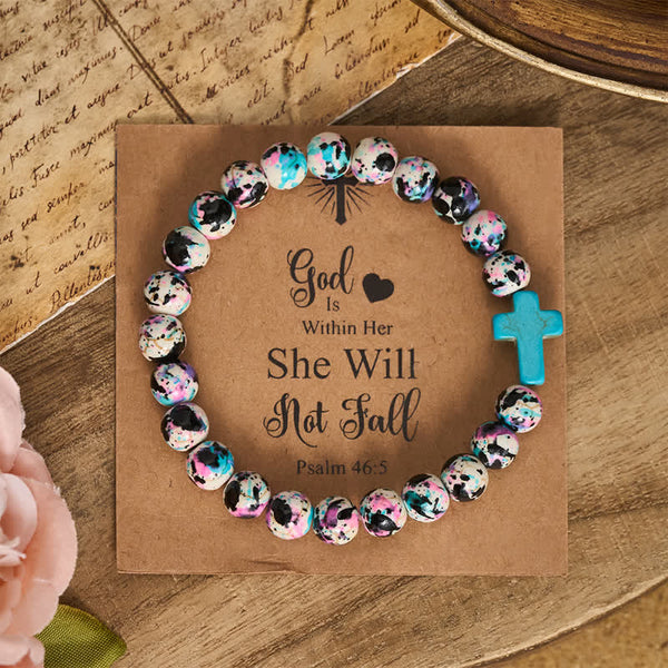 Inspirational Psalm 46:5 Cross Bracelet with Colorful Crackle Beads