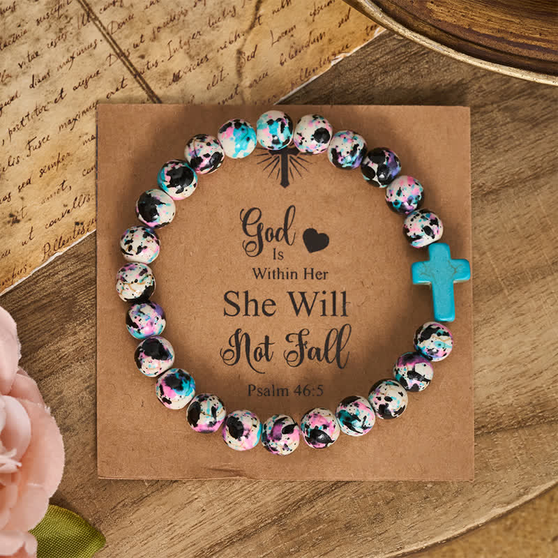 Inspirational Psalm 46:5 Cross Bracelet with Colorful Crackle Beads