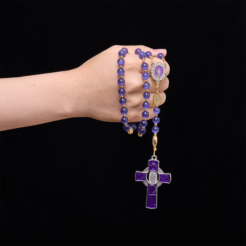 Purple Cat's Eye Beads Enamel-Inlaid Cross Our Lady Rosary: Sign of Quiet Heavenly Blessing