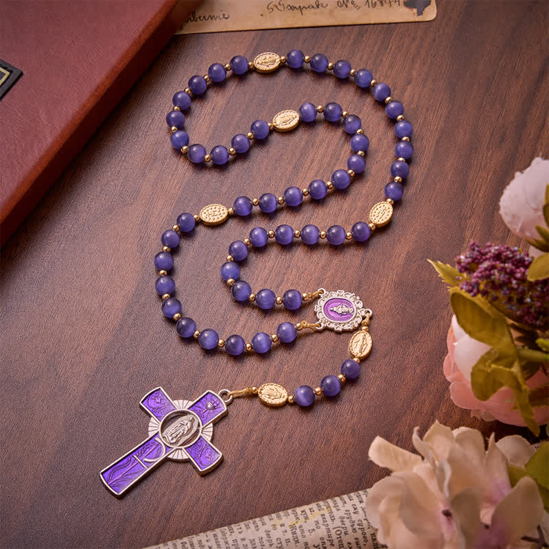 Purple Cat's Eye Beads Enamel-Inlaid Cross Our Lady Rosary: Sign of Quiet Heavenly Blessing