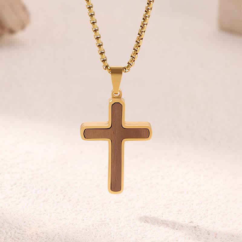 Natural Wood Inset Stainless Steel Cross Necklace: Sign of Gentle Celestial Shelter