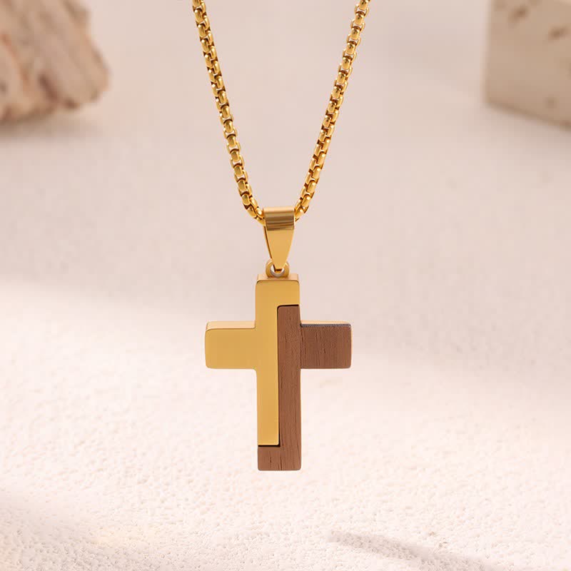 Natural Wood Inset Stainless Steel Cross Necklace: Sign of Gentle Celestial Shelter