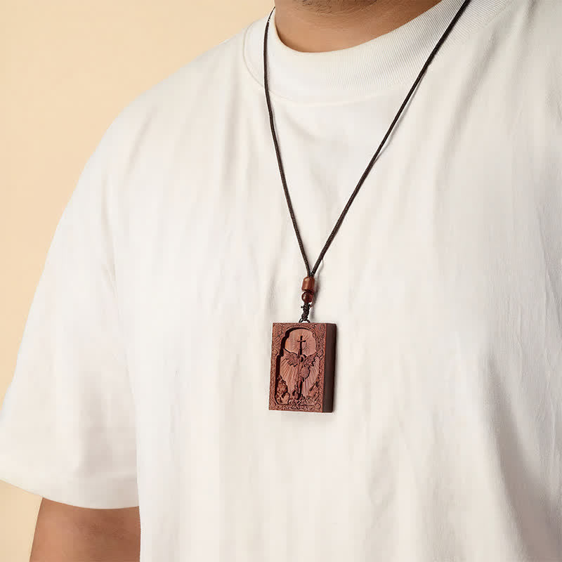 Sacred St. Michael Wood Carved Necklace: Emblem of Steadfast Divine Deliverance