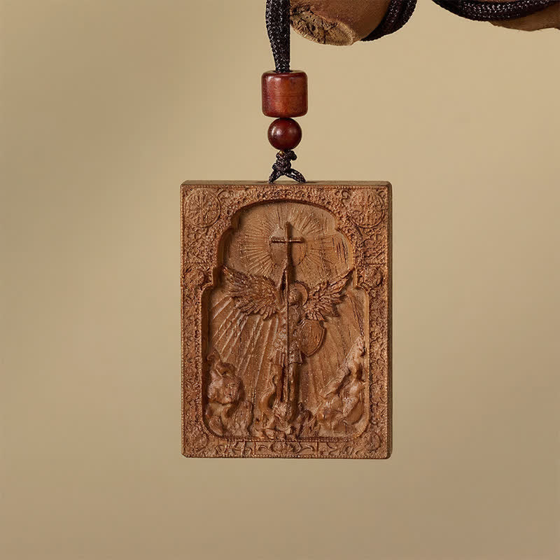 Sacred St. Michael Wood Carved Necklace: Emblem of Steadfast Divine Deliverance