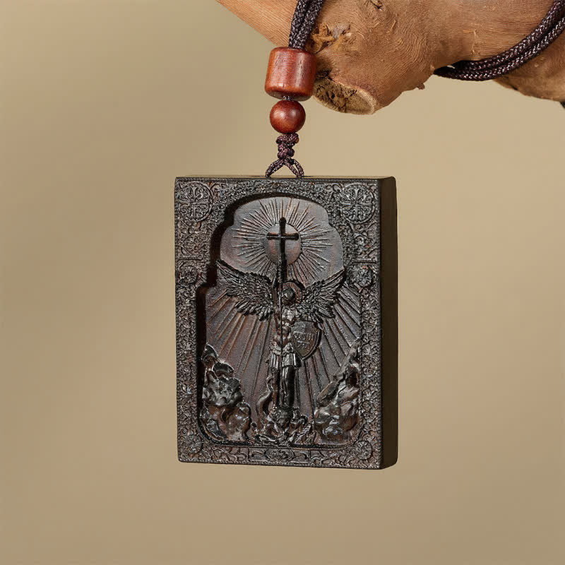Sacred St. Michael Wood Carved Necklace: Emblem of Steadfast Divine Deliverance