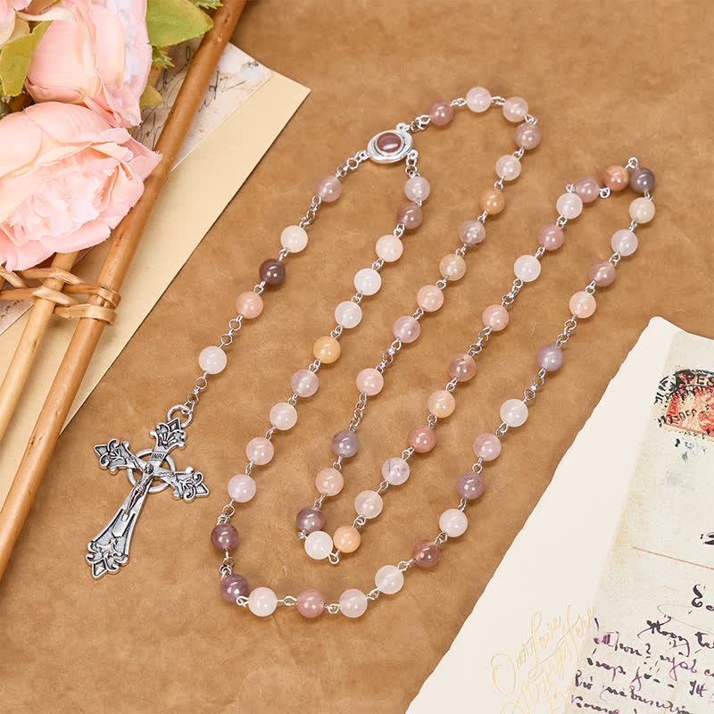 Vintage Alloy Crucifix Natural Stone Rosary: Emblem of Timeless Heavenly Shelter