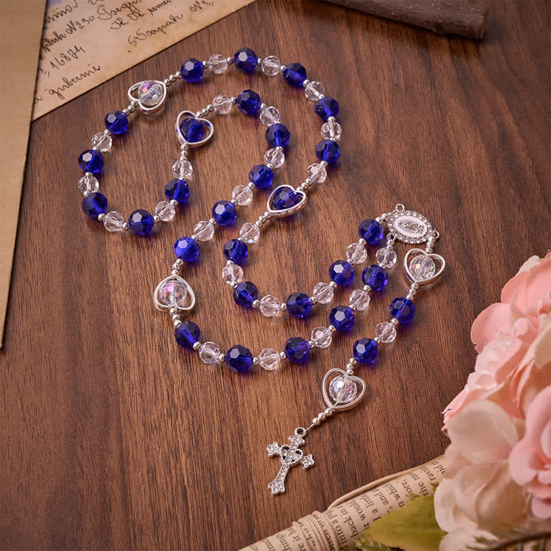 Hollow Heart Glass Rosary with Deep Blue Faceted Beads: Token of Abiding Divine Protection