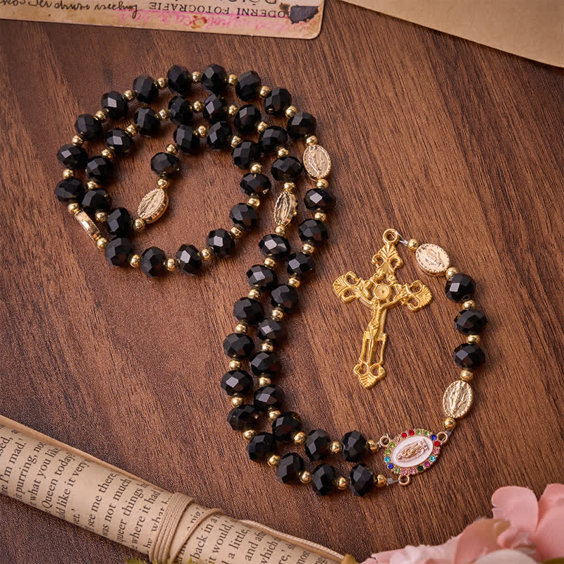 Luxe Black Faceted Glass Rosary Featuring Ornate Gilded Crucifix & Our Lady Medal