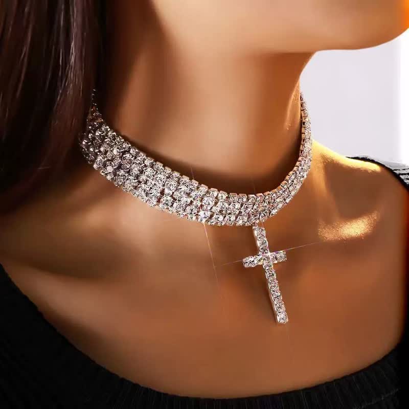Dazzling Rhinestone Cross Choker Necklace: Token of Unfailing Heavenly Grace