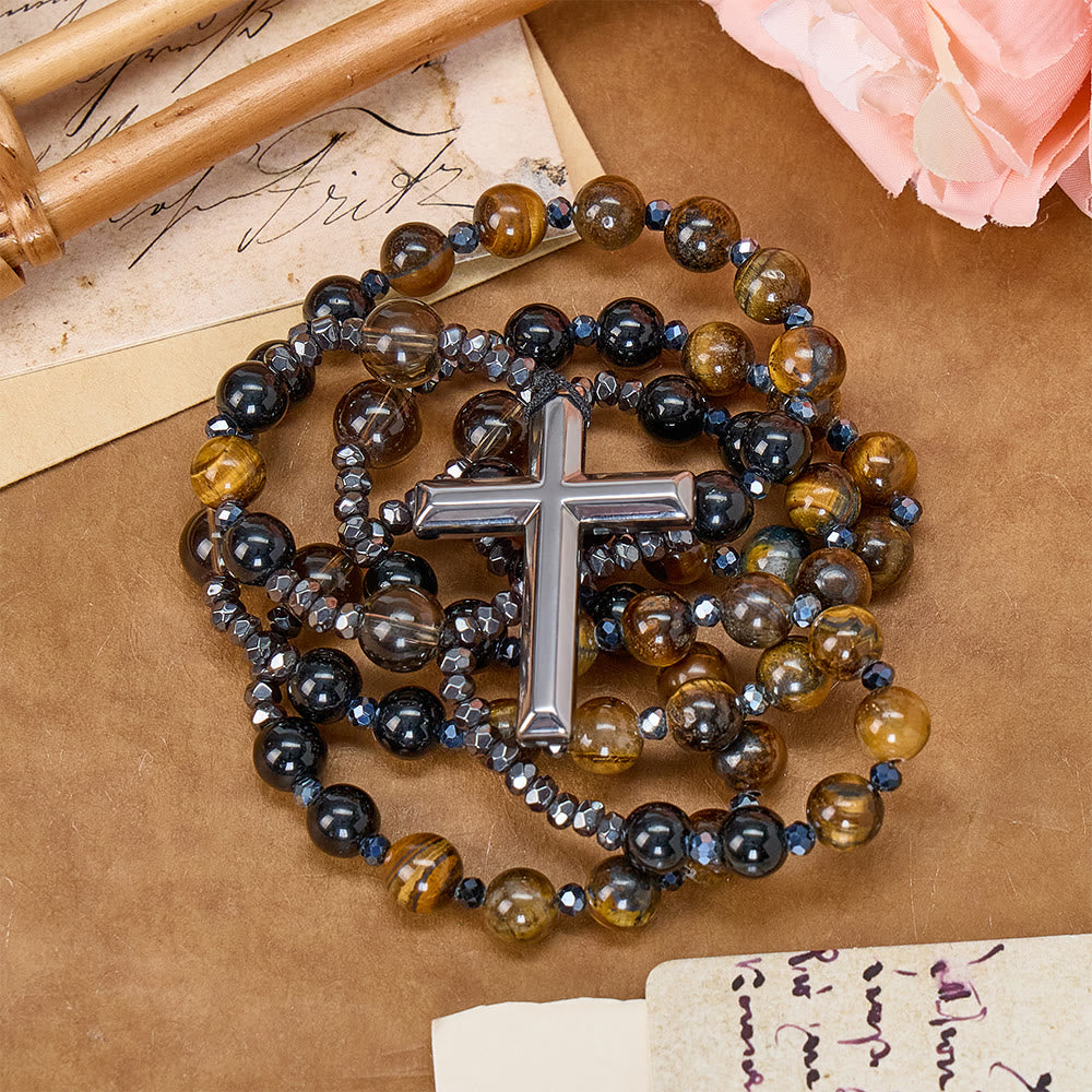 Natural Obsidian Tiger's Eye Rosary Necklace - Hematite Stone Cross Protection Rosary