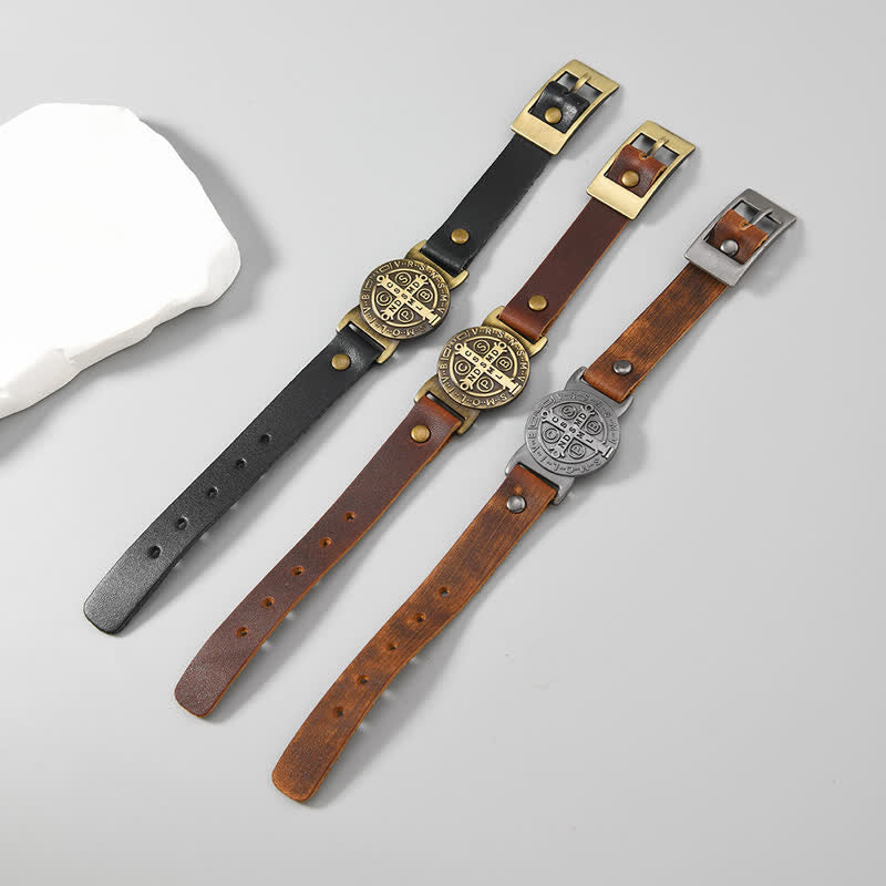 Robust Cowhide St. Benedict Medallion Bracelet: Sign of Unfailing Care
