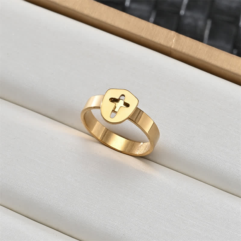 Sacred Portrait & Cross Medallion Ring: Emblem of Soft Celestial Protection