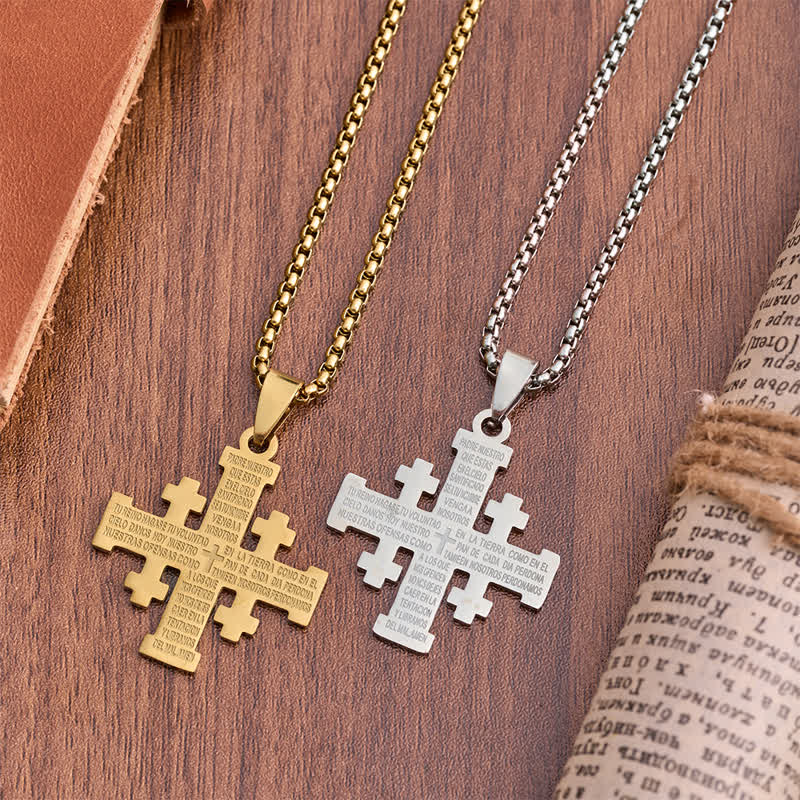 Modern Style Two-color Lord's Prayer in Spanish Jerusalem Cross Necklace: Faith For Every Moment