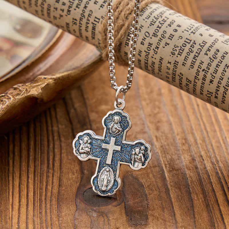 Four Sacred Portrait Cross Box‑Chain Necklace: Token Of Gentle Celestial Safeguard