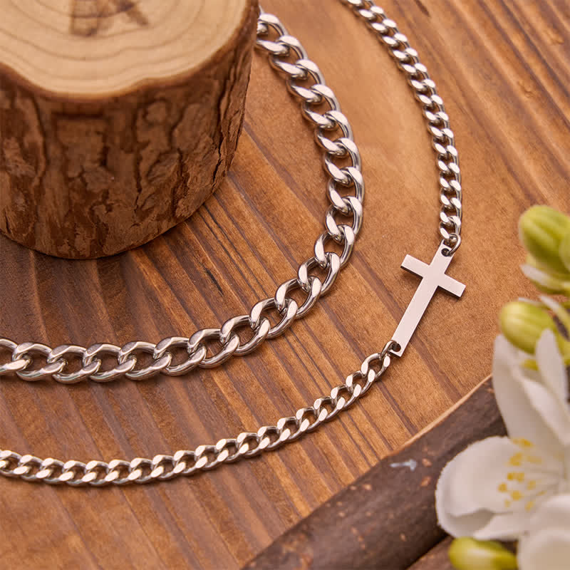 Sleek Flat Cross Twin Chain Bracelet Set: Symbol of Quiet Daily Divine Guidance