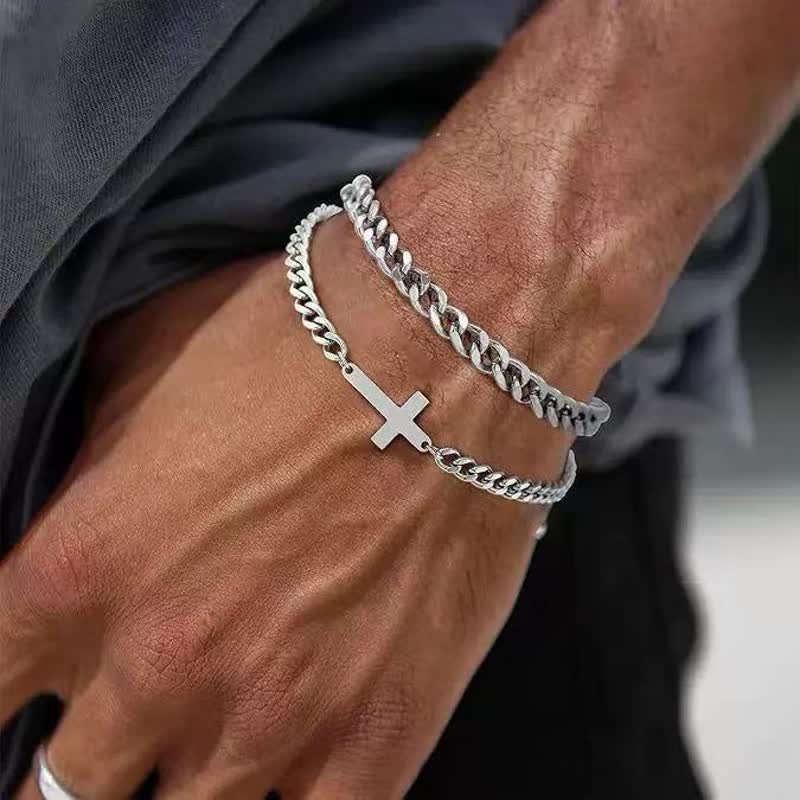 Sleek Flat Cross Twin Chain Bracelet Set: Symbol of Quiet Daily Divine Guidance