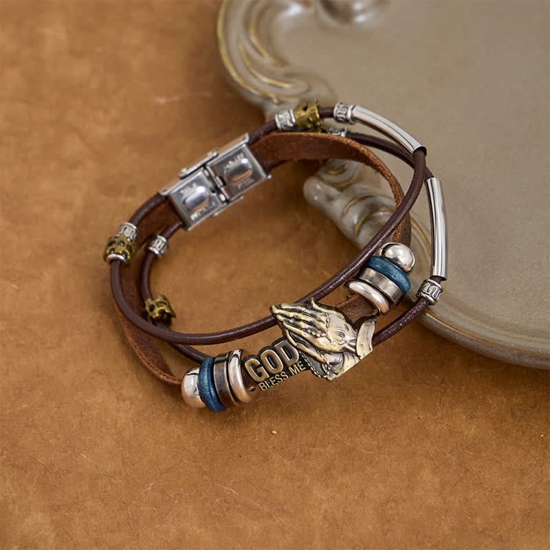 God Bless Me Engraved Leather Prayer Bracelet: Token of Abiding Celestial Favor