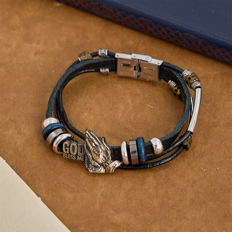 God Bless Me Engraved Leather Prayer Bracelet: Token of Abiding Celestial Favor