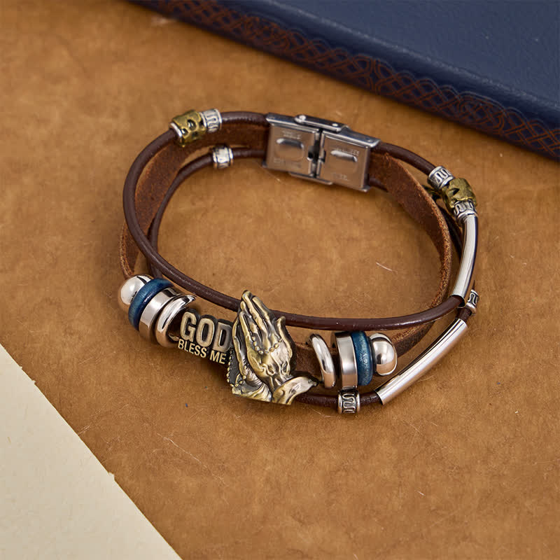 God Bless Me Engraved Leather Prayer Bracelet: Token of Abiding Celestial Favor