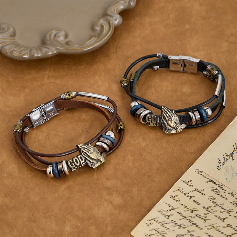 God Bless Me Engraved Leather Prayer Bracelet: Token of Abiding Celestial Favor