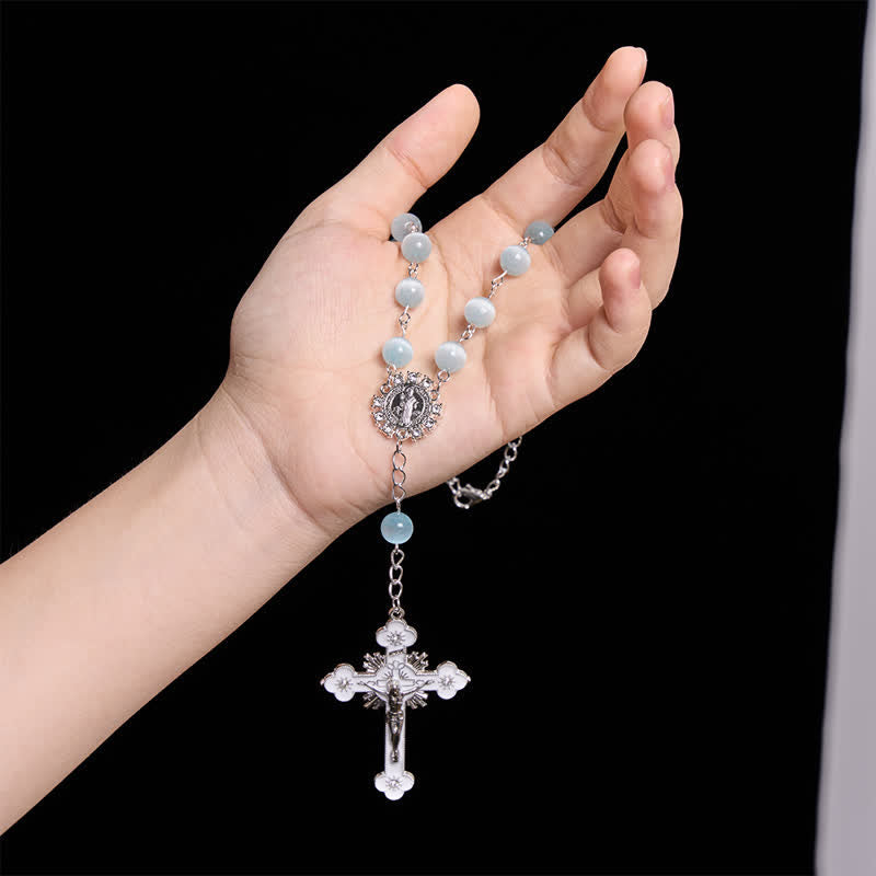 Airy Pale Blue Cat's Eye Car Rosary with St. Benedict Medal & White Enamel Crucifix