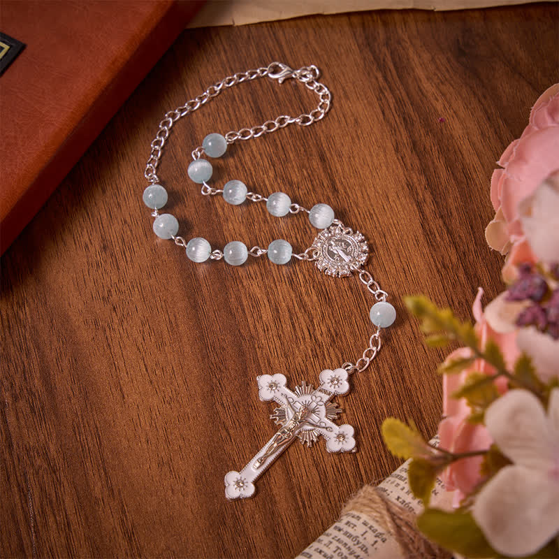 Airy Pale Blue Cat's Eye Car Rosary with St. Benedict Medal & White Enamel Crucifix