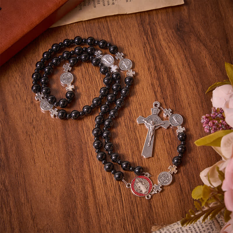 Sleek Black Acrylic Bead Rosary with St.Benedict Medals: Emblem of Steadfast Heavenly Safeguard