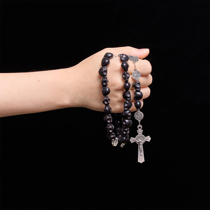 Carved Black Skull Acrylic Memento Mori Rosary with St.Benedict Medals