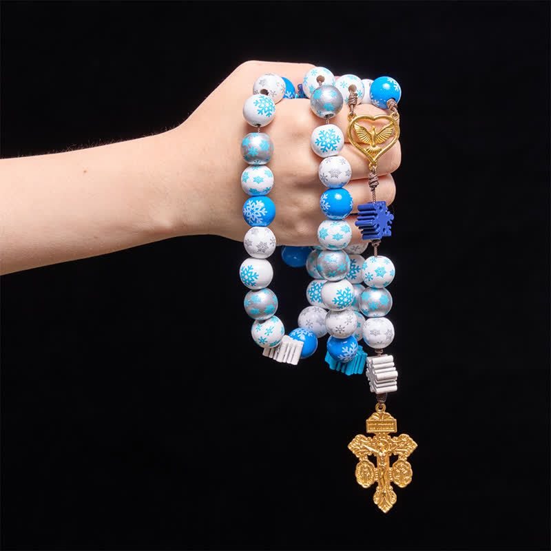 Snowflake Wooden Bead Rosary with Holy Spirit Heart Medal: Emblem of Pure Heavenly Serenity