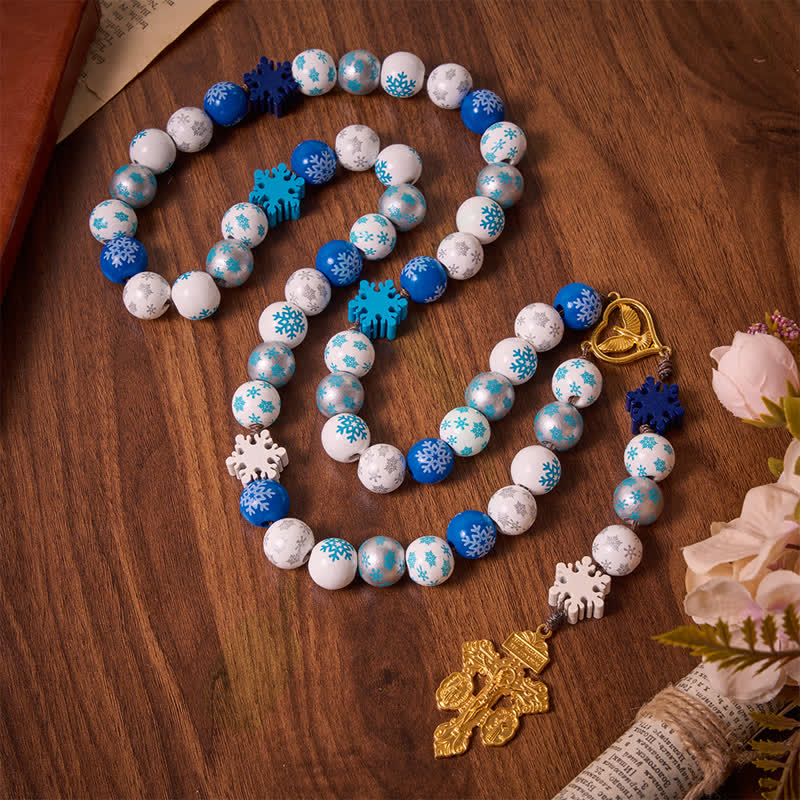 Snowflake Wooden Bead Rosary with Holy Spirit Heart Medal: Emblem of Pure Heavenly Serenity