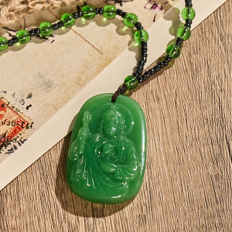 Polished Glass Jesus Portrait Pendant Bead Necklace: Token of Gentle Divine Shelter