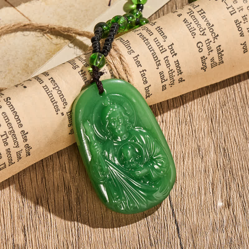 Polished Glass Jesus Portrait Pendant Bead Necklace: Token of Gentle Divine Shelter