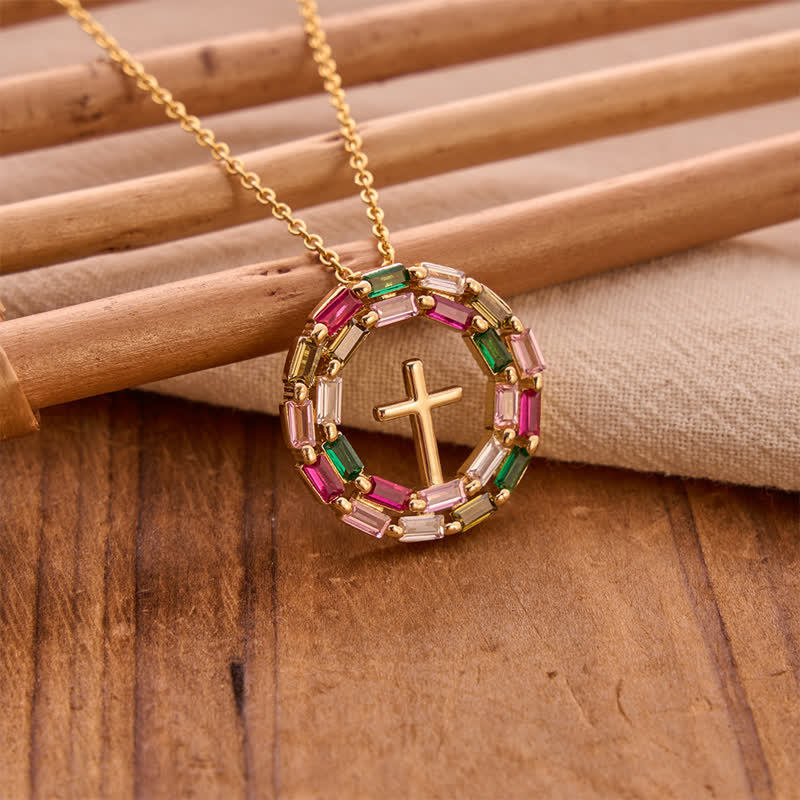 Gem Wreath Cross Copper Necklace: Emblem of Timeless Heavenly Grace