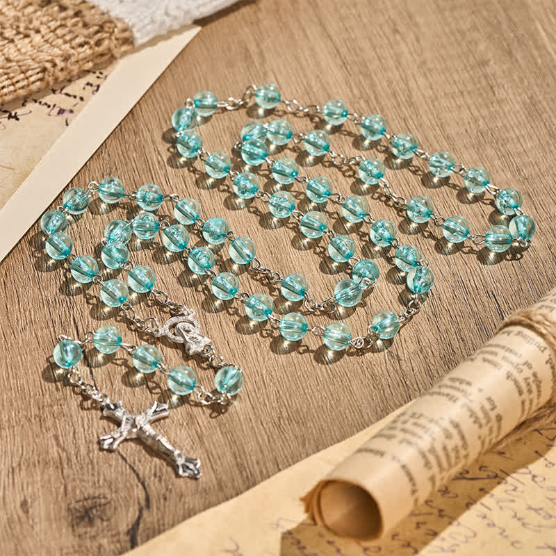 Our Lady & Crucifix of 8mm Round Acrylic Blue Alloy Chain Rosary