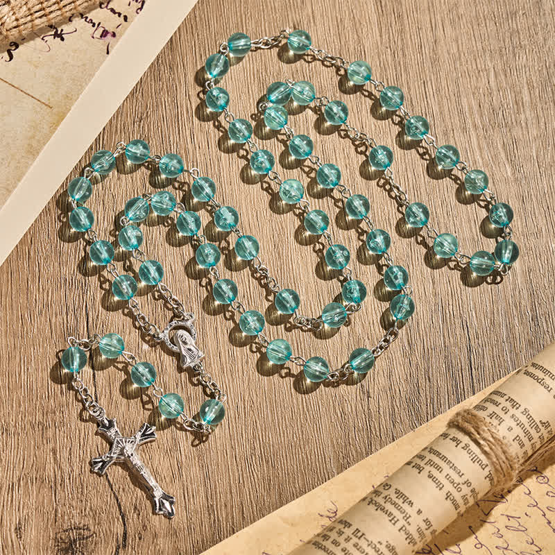 Our Lady & Crucifix of 8mm Round Acrylic Blue Alloy Chain Rosary