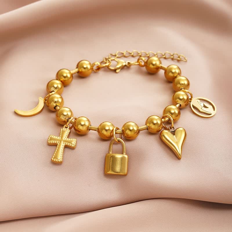 Multi-Charm Beaded Cross Bracelet: Token of Tender Heavenly Devotion