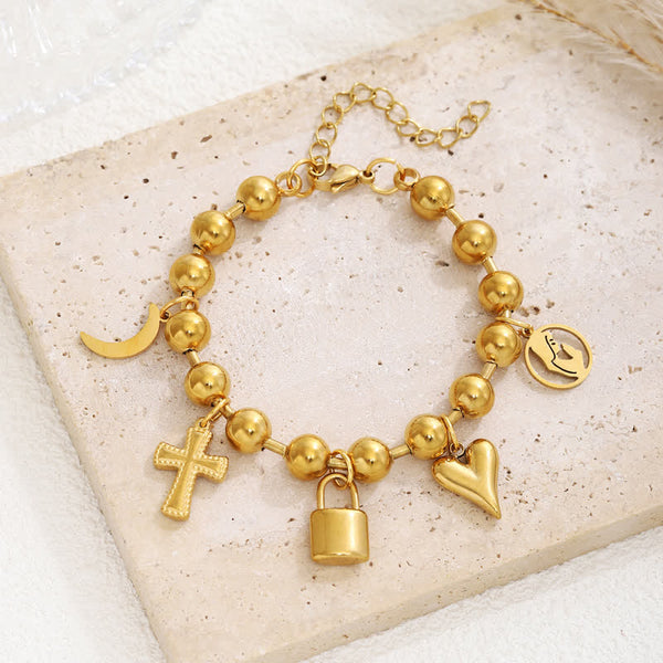 Multi-Charm Beaded Cross Bracelet: Token of Tender Heavenly Devotion