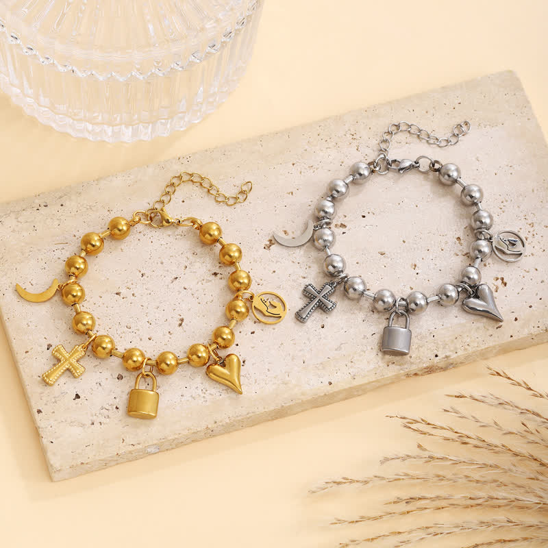 Multi-Charm Beaded Cross Bracelet: Token of Tender Heavenly Devotion