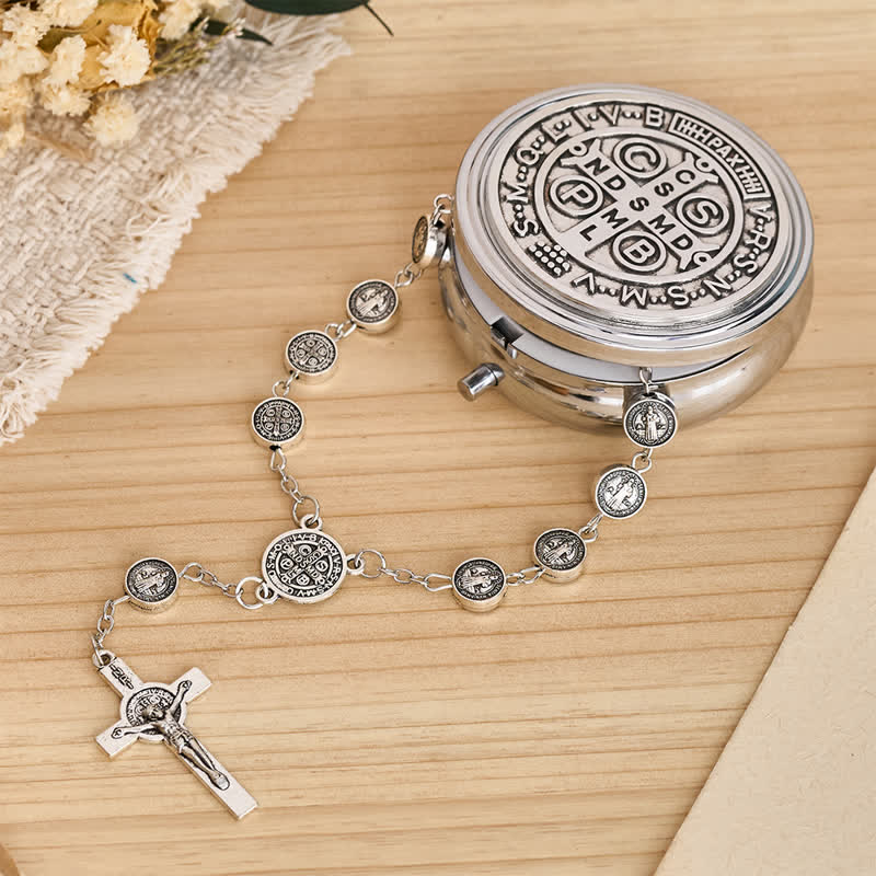 Engraved St Benedict Rosary Bracelet With Crucifix