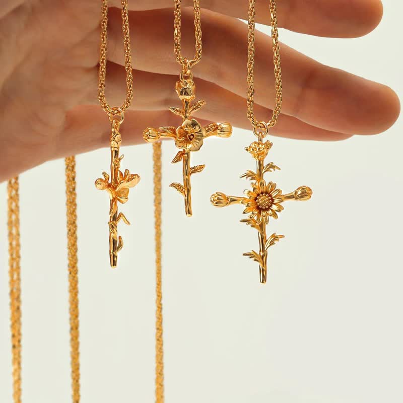 Polished Zinc Alloy Birth Flower Cross Necklace: Icon of Warm Heavenly Blessing