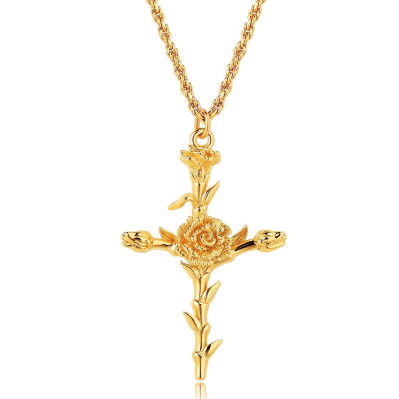 Polished Zinc Alloy Birth Flower Cross Necklace: Icon of Warm Heavenly Blessing