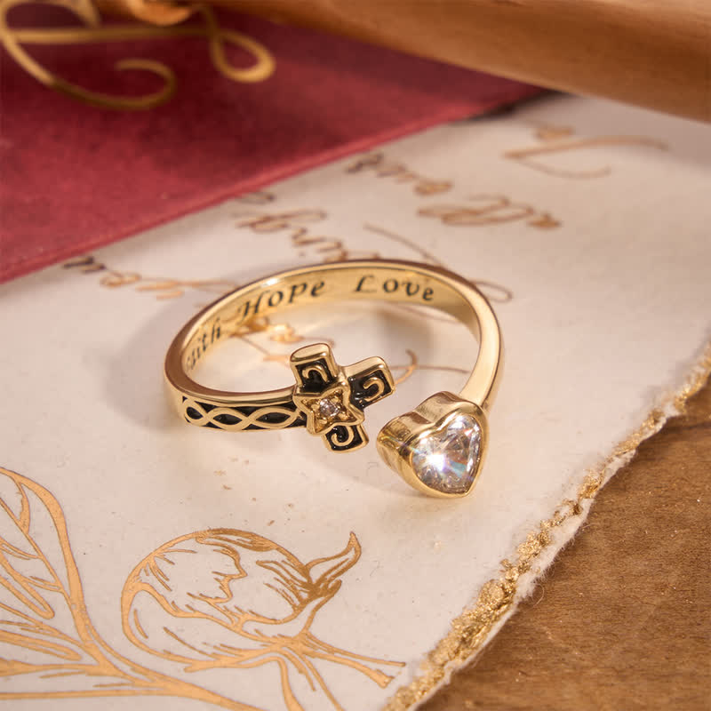 Inscribed Faith Hope Love Cross Heart Ring: Token of Gentle Divine Comfort