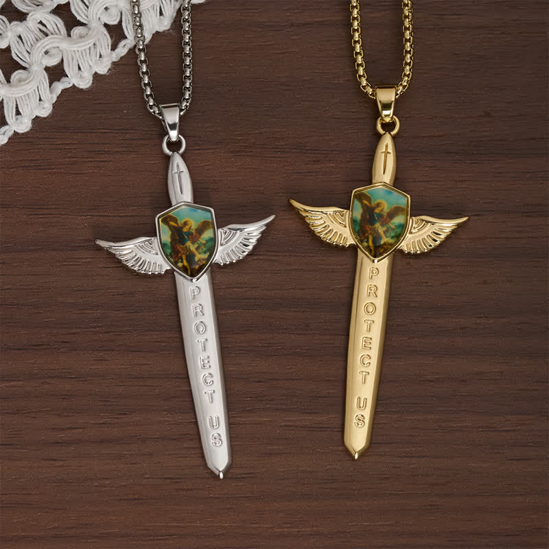 Uplifting Double-Face St. Michael Wing Sword Cross Necklace