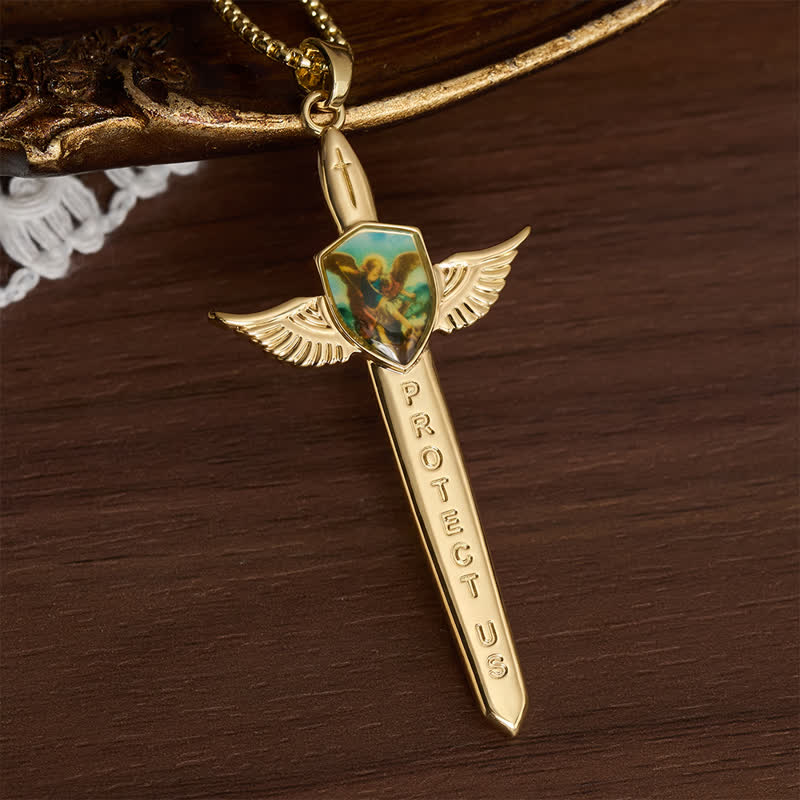 Uplifting Double-Face St. Michael Wing Sword Cross Necklace