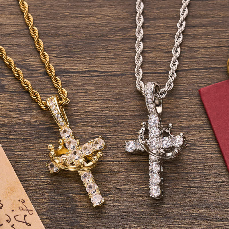 Fully Paved Shining Cross With Crown Accent: Charm of Radiant Heavenly Radiance