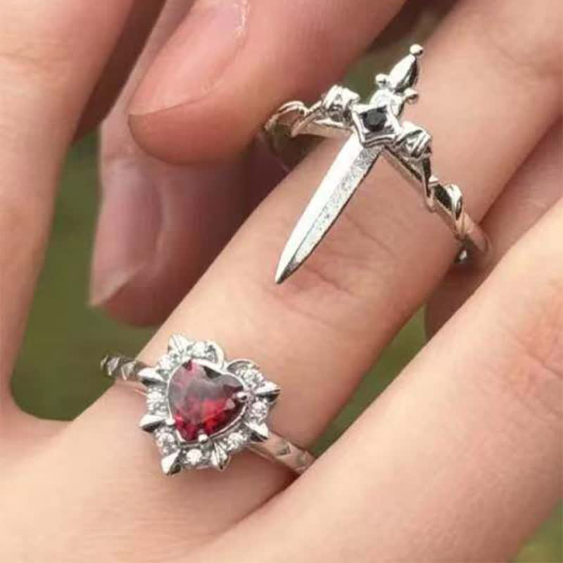 Heart Crystal & Sword Cross Split Band Ring: Token of Gentle Divine Tenderness